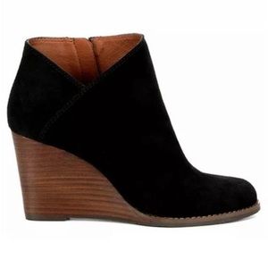 Women’s Lucky Brand Yakeena Wedge Bootie Black Leather Size 6 / 36.5 Retail $130